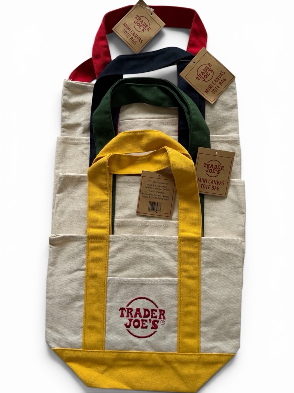 BNWT Trader Joe's Mini Canvas Totes - Set of four(red, yellow, green, and blue)